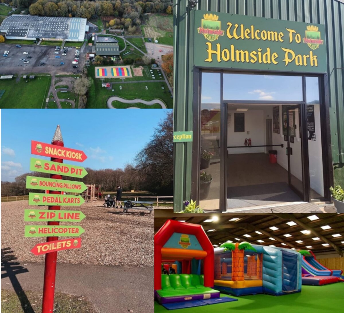 Holmside Park — aerial view, welcome sign and outdoor activity area